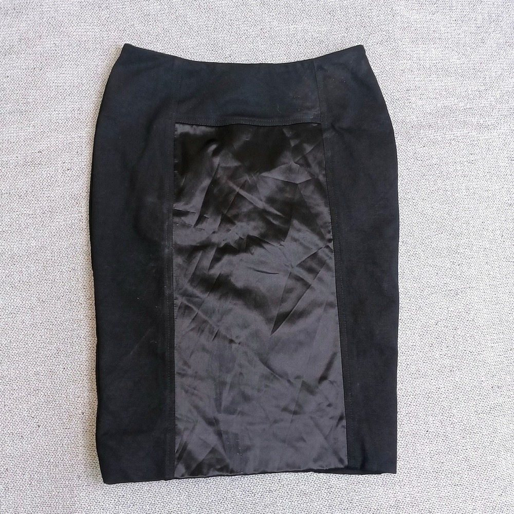 Mint Pencil Skirt Womens 2 Black Good Silk Satin Panel Mixed Media Knee Length